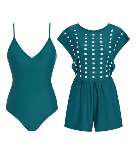 RIHOAS Womens Two-Piece Swimwear Cover Up with One Piece Bikini Built in Bra with Short Full Coverage Ruffle Swimsuit