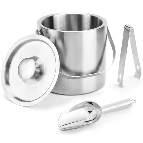 Portable Ice Buckets for Parties 3 Liter Double-Wall Ice Buckets with Lid,Scoop,Tongs,Handle -Stainless steel Ice Containe...