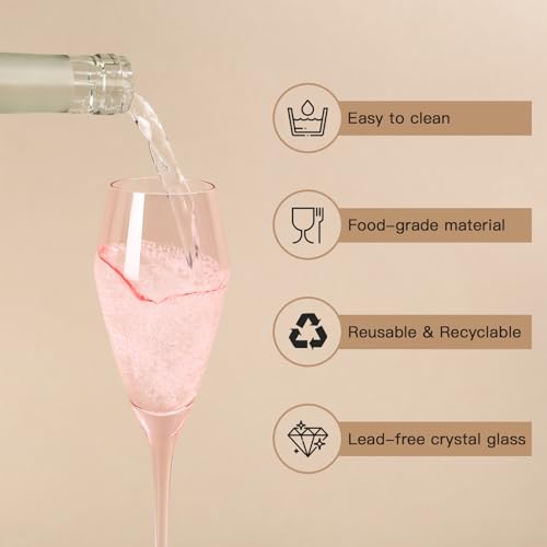 JOVGANG Pink Champagne Flutes Set of 6-7.5oz Hand-Blown Lead-Free Crystal Champagne Glass, Wedding Champagne Flutes, Date ...