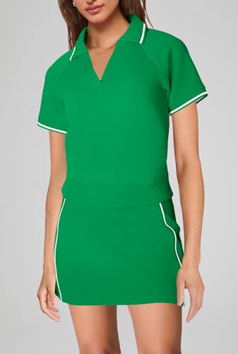 SENSERISE Womens Workout Sets 2 Piece Outfits V Neck Short Sleeve Polo Shirt and Tennis Skort Set with Pockets