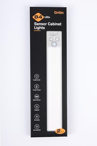 Gritin 10.2Inch Under Cabinet Lighting Rechargeable -84 Led Super Bright 3-Color& 5 Level Brightness 4 Modes Motion Sensor  Long Lasting- Easy Installation Magnetic Closet Lights -2 Pack-Gold