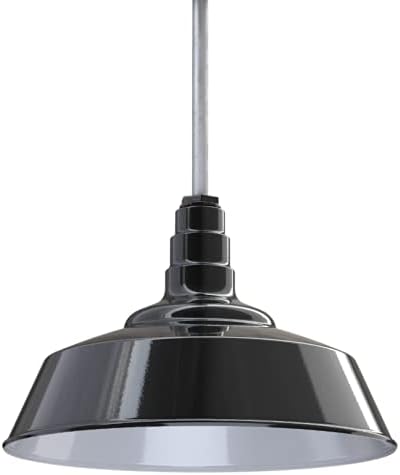 Steel Lighting Co. Manhattan Warehouse Light | Ceiling Mounted Pendant | 20 inch Dome | 12 inch Sloped Stem | Large Steel Barn Light Made in America | Black Exterior/White Interior