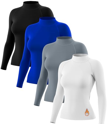 Coume 4 Pack Women Thermal Turtleneck Shirts Women Mock Turtle Neck Long Sleeve Tops Fleece Lined Compression Basic Layer
