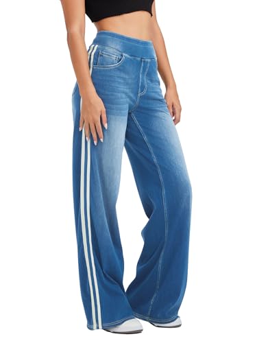 Keolorn Wide Leg Jeans for Women,Unique Color Block Design,High-Waisted Straight Cut,High Elasticity Baggy Denim Pants.