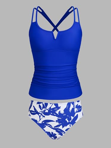 CUPSHE Women's Tankini Sets Two Piece Swimsuit Scoop Neck V Cut Double Straps Self Tied Bathing Suit Ruched Tummy