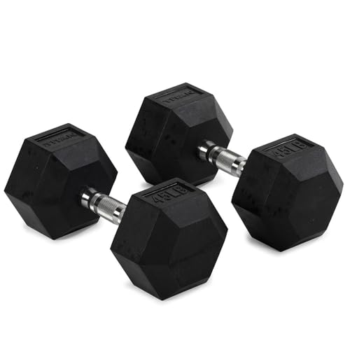 Titan Fitness Pair Rubber Coated Hex Dumbbells, Roll-Resistant Hexagonal Free Weights, Chrome-Coated Handles with Knurlin...
