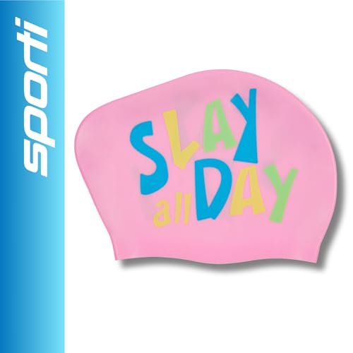 Sporti Silicone Swim Cap for Bun Long Hair Unisex Adult Protection Bathing Cap Anti-Slip Interior Grip, H 7.5" Opening 8.25"