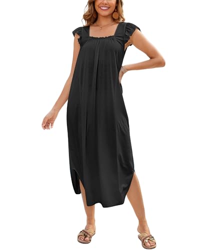 Bsubseach Long Beach Cover Ups for Women Ruffle Cap Short Sleeve Swimsuit Coverup Casual Square Neck Maxi Dresses(Black, X...