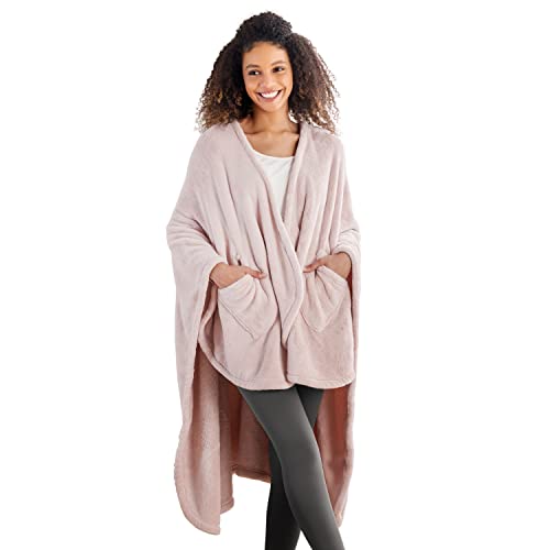 Berkshire Blanket Primalush™ Wearable Blanket, Cozy Loungewear Pocketed Plush Cape Wrap for Adults &Teens(Pink, One Size 5...