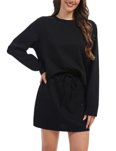 yeyiruru Two Piece Skirt Set for Women Summer Tennis Skirt Crew Neck Long Sleeve Athletic Sport Skort Set