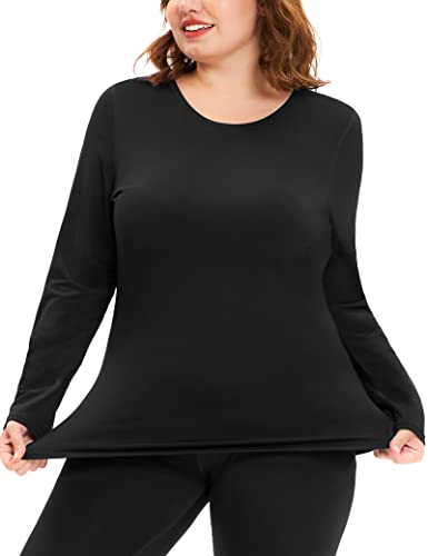 COOTRY Plus Size Thermal Shirts for Women Fleece Lined Crew Neck Tops Long Johns Base Layer Underwear