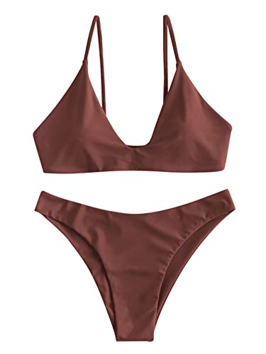 ZAFUL Women's Tie Back Padded High Cut Bralette Bikini Set Two Piece Swimsuit