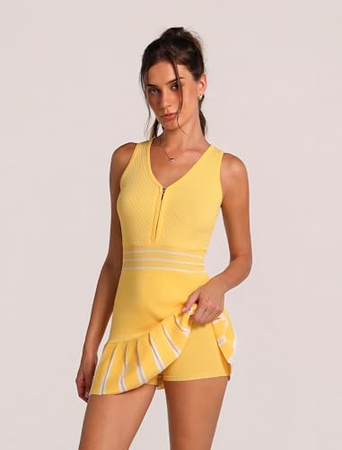 ABOCIW Womens Half Zip Knit Tennis Dress Colorblock Pleated Athletic Dress Sleeveless Workout Golf Dresses with Shorts