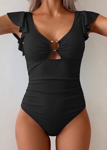 Eomenie Womens Ruffled One Piece Swimsuit Slimming Tummy Control Bathing Suit V-Neck Cutout Swimwear for Resort Wear