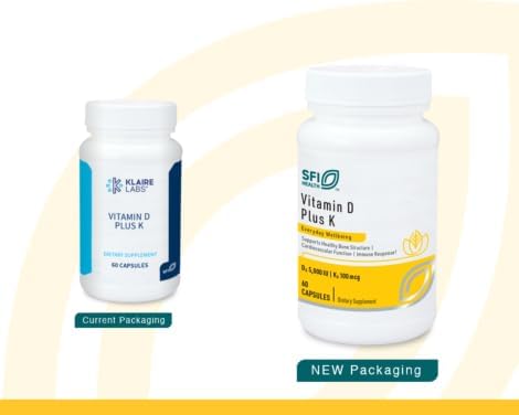 Klaire Labs SFI Health Vitamin D Plus K - Bioavailable Vitamin K2 D3 Supplement for Bone & Immune Support - Each Capsule Delivers D3 5000 iu & K2 100 Mcg (60 Capsules)