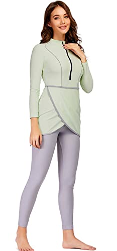 HOKFDC Women Full Covered Swimwear Modest Muslim Swimsuits 3 Pieces Islamic Long Sleeve Burkini with Swimming Cap