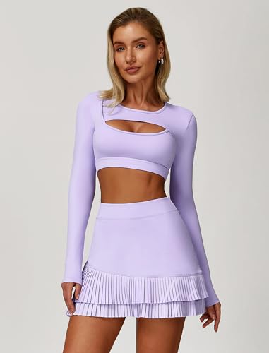 EFOGEP Women's Long Sleeve Tennis Dress Set 2 Piece Athletic Dress with Built-in Shorts for Tennis Golf Workout