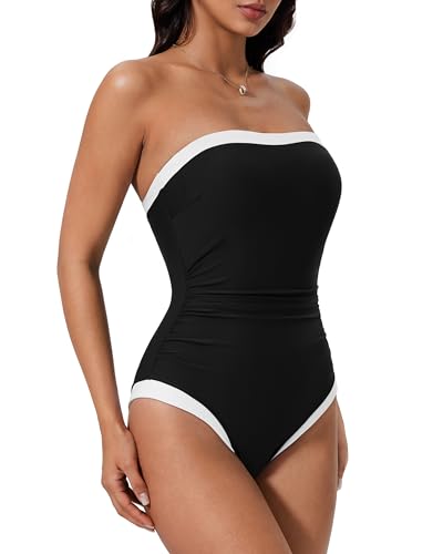 SUUKSESS Women One Piece Tummy Control Swimsuit Strapless Bandeau Bathing Suit