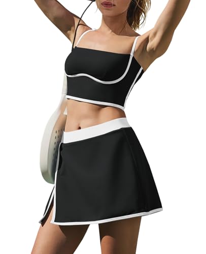 LAMISSCHE Tennis Skirt Sets Women 2 Piece Outfits Yoga Workout Set Skirt and Top Set with Built in Bra & Shorts