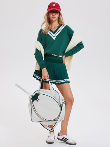 IUK Women's 2 Piece Tennis Skirt Set, V-Neck Long Sleeve Sweatshirt & High Waisted Pleated Skirt, Athletic Outfit for Golf