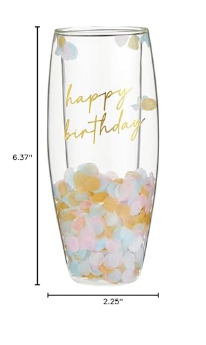 Slant Collections Colorful Confetti Birthday Double Wall Glass Stemless Champagne Glass, 8-Ounces, Happy Birthday