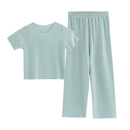 Girls 2 Piece Outfits Summer Cotton Soft T-Shirts Long Pants Set Teen Kids Solid Short Sleeve Shirts Tops Clothes