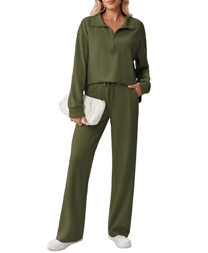 PINSPARK 2 Piece Sets for Women 1/2 Zip Sweatsuit Loose Fit Sweatshirt Straight Leg Pants 2025 Matching Outfit Fall Tracksuit