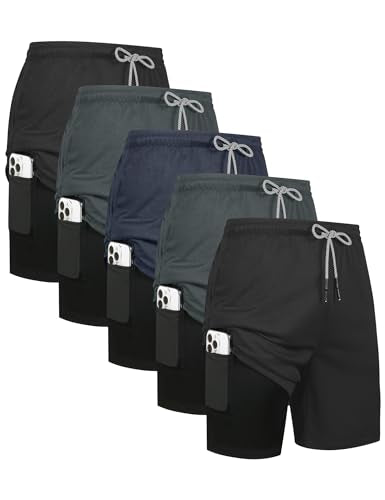 HOPLYNN 5 Pack Mens 2 in 1 Running Shorts with Liner, Quick Dry Workout Training Gym Athletic Sport Shorts with Pockets