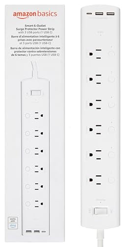 Amazon Basics Smart Plug Power Strip with 6 Individually Controlled Outlets and 3 USB Ports (2 USB-A and 1 USB-C), Works w...