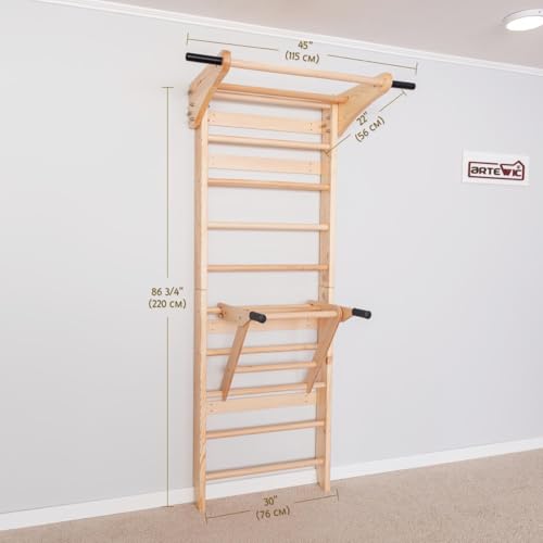 Swedish Ladder Wall Bars with Pull-Up Bar & Dip Station – Wooden Stall Bars, Multifunctional Home Gym Wall Ladder for Stre...
