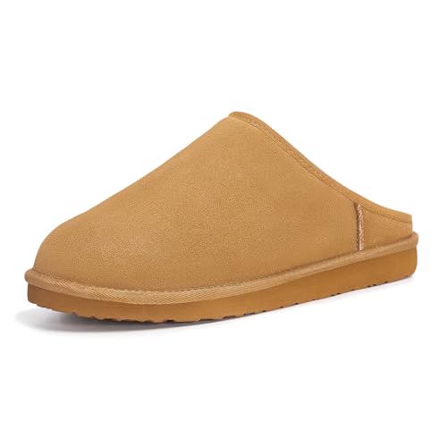 FITORY Men’s Winter Genuine Leather Slippers, Comfy Memory Foam Suede Shoes with Warm Fleece-Lined for Indoor and Outdoor ...