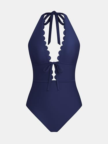 CUPSHE Women's One Piece Swimsuit Bathing Suits Halter Deep V Neck Self Tie Cutout Scalloped Swimwear