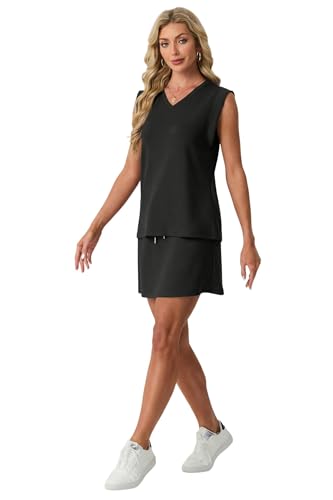 GRECERELLE 2026 Women Summer Casual 2 Piece Outfits Skort Sets Sleeveless V-Neck Top & Tennis Skirt with Pockets for Athletic
