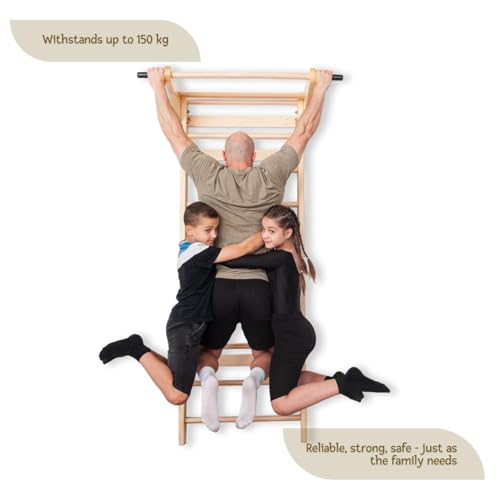 Swedish Ladder Wall Bars with Pull-Up Bar & Dip Station – Wooden Stall Bars, Multifunctional Home Gym Wall Ladder for Stre...