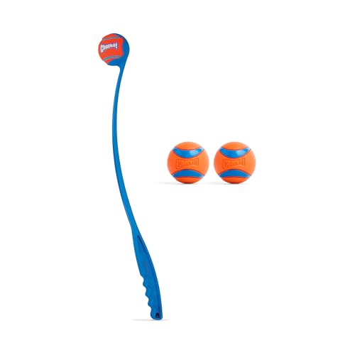 Chuckit! Ultra Dog Ball & Launcher Bundle Classic 26M 26" Length with 2 Pack Medium (2.5") Bouncy Fetch Balls for Dogs 20-...