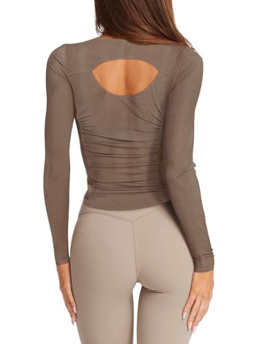 LASLULU Womens Long Sleeve Workout Tops Active Sheer Fitted Open Back Gym Yoga Athletic Running Tops Wrap Top Pilates Outfits