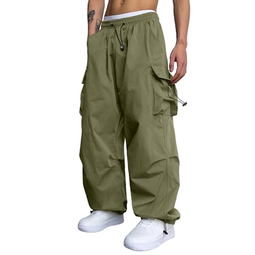 Mens Baggy Cargo Pants Elastic Waist Comfort Fashion Parachute Pants Solid Drawstring Athletic Lightweight Joggers Trousers