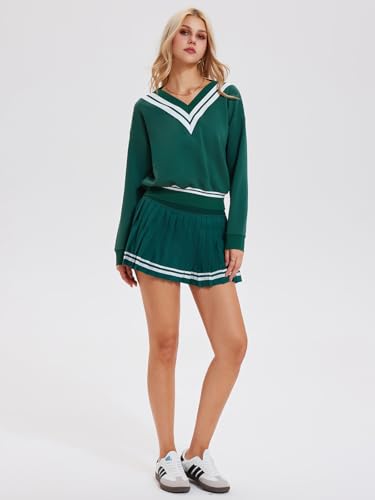 IUK Women's 2 Piece Tennis Skirt Set, V-Neck Long Sleeve Sweatshirt & High Waisted Pleated Skirt, Athletic Outfit for Golf