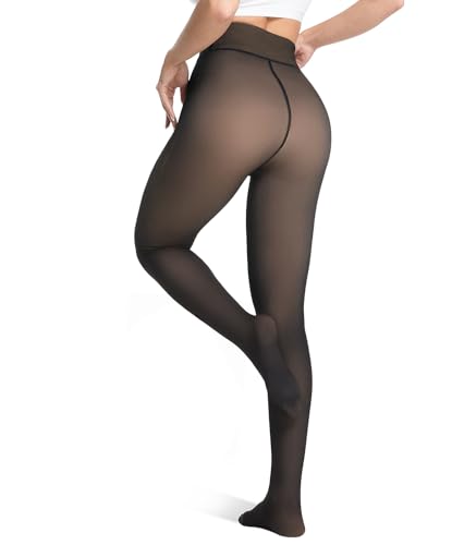 Unesmaro Women's Thermal Fleece Lined Tights, Translucent Skin Tone Pantyhose Style Leggings for Winter Warmth