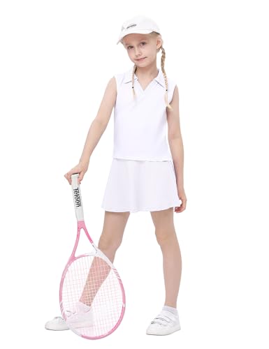 Kids Girls Tennis Golf Dress Outfit Sleeveless Dress with Pockets Athletic Skorts and Polo Tank Top Sets