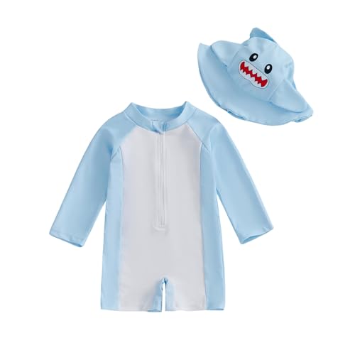 Baby Boy Rash Guard Swimsuit Color Block Long Sleeve Zipper One Piece Swimwear Toddler Bathing Suit ＋ Shark Sun Cap