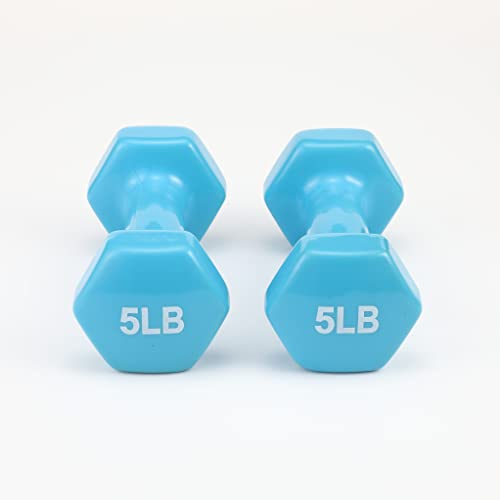 Amazon Basics Vinyl Coated Dumbbell Hand Weights, 5 Pounds, Pair, Light Blue