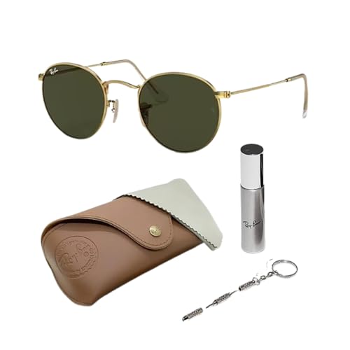 Ray-Ban RB3447 ROUND METAL Sunglasses with Polished Arista Gold Frame With Solid G-15 Green 50mm Lenses Includes an Offici...