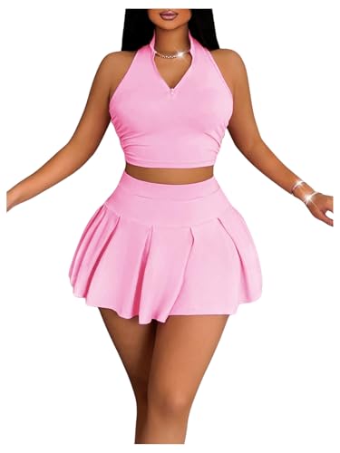 RoseSeek Women's 2 Piece Tennis Skirt Set Sleeveless Racerback Crop Tank Tops High Waisted Pleated Mini Skirt Outfits
