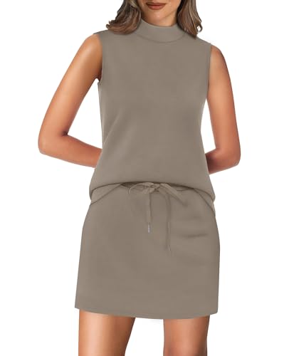 XIEERDUO Two Piece Skirt Sets for Women Summer Beach Vacation Outfits Mock Neck Tops Tennis Skirt Lounge Matching Sets