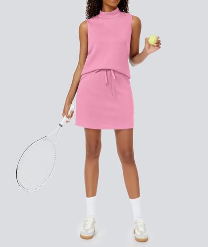 Casly Lamiit Two Piece Skirt Set for Women Sweatsuits Tennis Outfits Casual Mock Neck Sleeveless Top Elastic Short Skorts