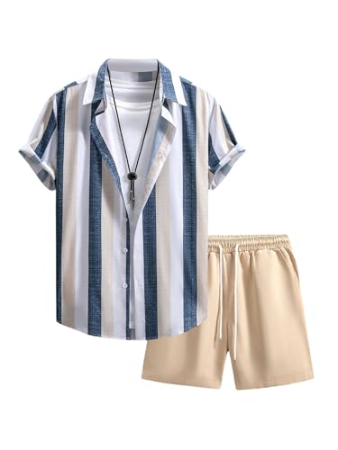 OYOANGLE Men's 2 Piece Outfits Beach Matching Sets Summer Short Sleece Shirt and Shorts Vacation Outfits