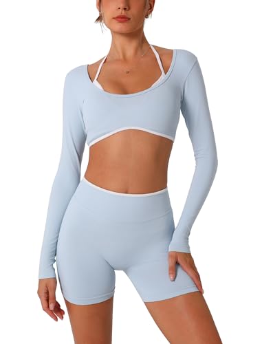 ABOCIW Workout Sets for Women 2 Piece Seamless Color Block Long Sleeve Crop Top Scrunch Butt High Waist Shorts Gym Set