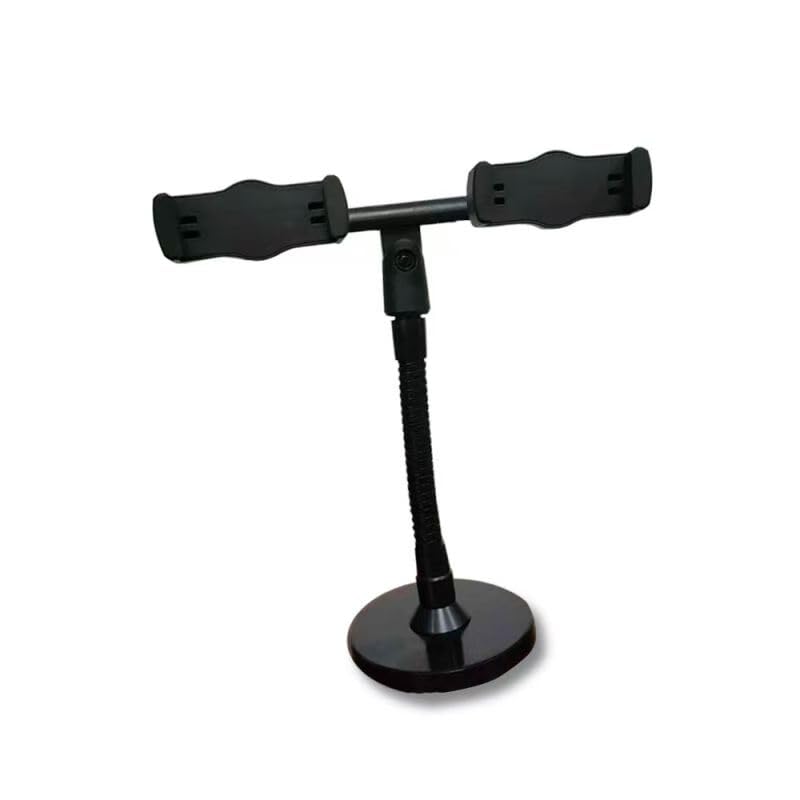 Dual Cell phone Holder Stand,Mic Stand with Flexible Gooseneck Arm 6inch &4" Base, Multi-functional Uses Like Mic,Makeup Mirror with Double Ball Heads Rotated to Any Direction.Black