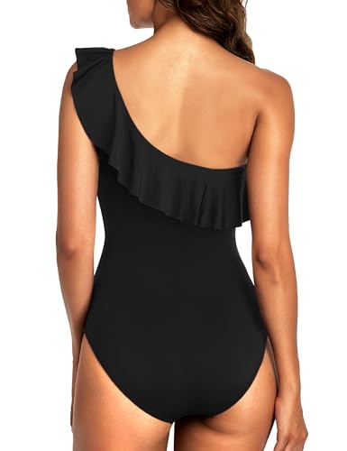 Hilor Women's One Piece Swimsuit One Shoulder Ruffle Tummy Control Bathing Suit Modest Slimming Swimwear Flattering Monokini